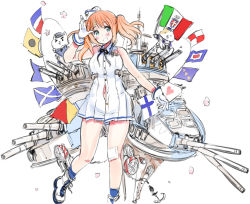 Rule 34 | 10s, 1girl, :d, anchor, bandaged leg, bandages, bandaid, bare legs, bare shoulders, black ribbon, blue eyes, blue socks, blush, breasts, cat, dress, finnish flag, flag, floating hair, flower, french flag, gloves, hat, heart, himaruya hidekazu, italian flag, italy, kantai collection, large breasts, long hair, looking at viewer, machinery, navel, neck ribbon, open mouth, orange hair, original, outstretched arm, petals, pleated dress, ribbon, rm littorio, sailor hat, salute, shoes, short dress, simple background, sketch, sleeveless, sleeveless dress, smile, sneakers, socks, solo, string, string of flags, turret, twintails, unbuttoned, underwear, white background, white dress, white gloves