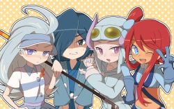 Rule 34 | 1boy, 3girls, ;d, ahoge, blue eyes, blue gloves, blue hair, blue hat, blush, breasts, buttons, closed mouth, collarbone, collared shirt, creatures (company), crop top, elbow gloves, elite four, falkner (pokemon), frown, game freak, girl sandwich, gloom (expression), gloves, goggles, goggles on headwear, golf club, gym leader, hair between eyes, hair bun, hair over one eye, hat, highres, japanese clothes, kahili (pokemon), large breasts, long hair, long sleeves, mikuji, mole, mole under eye, multiple girls, navel, nintendo, omikuji (fortunemagnolia), one eye closed, open mouth, orange background, outline, over shoulder, pokemon, pokemon bw, pokemon hgss, pokemon oras, pokemon sm, polka dot, polka dot background, purple eyes, purple hair, red hair, sandwiched, shaded face, shirt, short hair, short sleeves, single hair bun, skyla (pokemon), smile, striped clothes, striped shirt, sweatdrop, teeth, tongue, trait connection, v, visor cap, winona (pokemon)