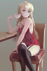 Rule 34 | 1girl, babydoll, bare shoulders, black thighhighs, blonde hair, blue eyes, breasts, chair, cleavage, collarbone, crossed legs, cup, darjeeling (girls und panzer), elbows on table, female focus, garter straps, girls und panzer, gradient background, grey background, grin, hair down, holding, holding cup, lace, lace-trimmed legwear, lace trim, legs, long hair, looking at viewer, medium breasts, parted lips, pinky out, red shirt, shirt, sitting, smile, solo, strap slip, swept bangs, table, teacup, thighhighs, thighs, union jack, wavy hair, yurikuta tsukumi