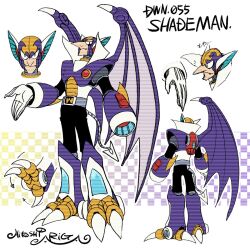 Rule 34 | 1boy, android, animal ears, ariga hitoshi, arm cannon, armor, arrow (symbol), artist name, bat ears, bat wings, belt, black eyes, black pants, boots, character name, character sheet, checkered background, chest jewel, closed mouth, commentary request, concept art, demon tail, fang, from behind, full body, gem, gloves, gradient background, green eyes, grey belt, helmet, highres, joints, knee boots, light smile, long nose, looking ahead, looking at viewer, looking down, male focus, mega man (classic), mega man (series), mega man 7, mega man megamix, multiple views, no humans, open hand, pants, portrait, purple armor, purple background, purple footwear, red gemstone, robot, robot ears, robot joints, scanlines, shade man, shoulder armor, signature, simple background, soles, standing, straight-on, tail, talons, tank (container), three quarter view, translation request, turnaround, weapon, white background, white gloves, wings, yellow background