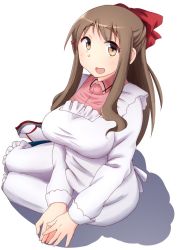 Rule 34 | 1girl, apron, bow, breasts, brown eyes, brown hair, cosplay, eyebrows, hair ornament, hair ribbon, hirame guard, japanese clothes, kantai collection, kappougi, large breasts, long hair, looking at viewer, mamiya (kancolle), mamiya (kancolle) (cosplay), matching hair/eyes, matsumoto yoriko, open mouth, ponytail, red bow, ribbon, sandals, simple background, solo, tabi, thick eyebrows, trait connection, voice actor connection, white background, yuyushiki, zouri