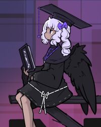 Rule 34 | 1girl, black capelet, black dress, black wings, book, bow, capelet, closed mouth, dark-skinned female, dark skin, dress, expressionless, feathered wings, feet out of frame, hair bow, hat, highres, holding, holding book, medium hair, mino dev, mortarboard, one side up, pink bow, purple background, purple eyes, rabbit and steel, saya the archon crow, sitting, solo, wide sleeves, window, wings