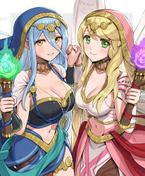 Rule 34 | 2girls, alternate costume, angel wings, azura (fire emblem), bandeau, black bandeau, blonde hair, blue cape, blue hair, blush, breasts, cape, circlet, cleavage, collar, collarbone, commentary request, cowboy shot, feathered wings, fire emblem, fire emblem: radiant dawn, fire emblem fates, fire emblem heroes, gonzarez, green eyes, hair between eyes, hands up, highres, holding, holding hands, holding torch, large breasts, leanne (fire emblem), long hair, looking at viewer, midriff, multiple girls, navel, nintendo, official alternate costume, parted lips, partial commentary, see-through, sidelocks, single leg pantyhose, smile, standing, thighlet, torch, vambraces, veil, very long hair, waist cape, white bandeau, white cape, white wings, wings, yellow eyes