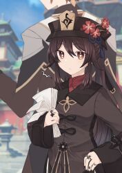 Rule 34 | 1boy, 1girl, architecture, back-to-back, black hair, black headwear, black nails, brown hair, chinese clothes, east asian architecture, flower, flower-shaped pupils, formal, genshin impact, hair between eyes, hand on own hip, hat, hat flower, hat tassel, highres, holding, holding paper, hu tao (genshin impact), jacket, jewelry, long hair, long sleeves, looking at viewer, multiple rings, paper, plum blossoms, ponytail, porkpie hat, red eyes, red shirt, ring, rktsm, shirt, suit, symbol-shaped pupils, twintails, upper body, zhongli (genshin impact)