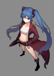 Rule 34 | 1girl, absurdres, banchou, bead necklace, beads, belt, black shorts, blue eyes, blue hair, boots, chain, coat, delinquent, fps, from above, full body, hands in pockets, hatsune miku, headband, highres, jacket, jacket on shoulders, jewelry, long hair, looking at viewer, matching hair/eyes, mouth hold, navel, necklace, open clothes, open coat, sarashi, short shorts, shorts, solo, standing, twintails, very long hair, vocaloid