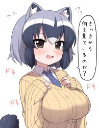Rule 34 | 1girl, alternate costume, animal ear fluff, animal ears, beige sweater, blue hair, blue necktie, blush, brown eyes, collared shirt, common raccoon (kemono friends), extra ears, fang, grey hair, kemono friends, long sleeves, multicolored hair, necktie, open mouth, raccoon ears, raccoon tail, ransusan, shirt, short hair, sidelocks, simple background, sleeves past wrists, solo, striped necktie, striped neckwear, sweater, tail, translated, white background, white hair, white shirt