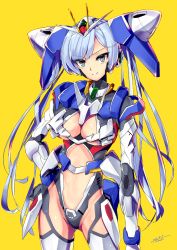 Rule 34 | 00 gundam, 1girl, blue hair, gundam, gundam 00, hand on own hip, highres, i.takashi, looking at viewer, mecha musume, personification, solo, twintails, v-fin, v-shaped eyebrows, yellow background