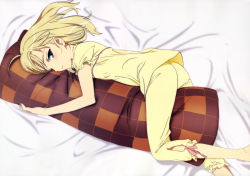 Rule 34 | 00s, 1girl, absurdres, ahoge, alternate costume, artoria pendragon (all), artoria pendragon (fate), barefoot, bed, blonde hair, blush, body pillow, fate/stay night, fate (series), green eyes, hair down, highres, kuwana ikuo, hugging object, on bed, pajamas, pillow, pillow hug, saber (fate), scan, solo