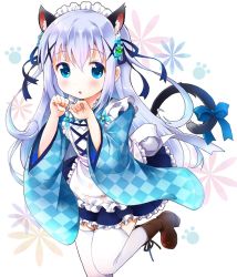 Rule 34 | 1girl, animal ear fluff, animal ears, apron, argyle, argyle clothes, argyle kimono, blue eyes, blue flower, blue hair, blue ribbon, blue skirt, boots, brown footwear, cat ears, cat girl, cat tail, flower, frilled apron, frilled skirt, frills, gochuumon wa usagi desu ka?, green flower, hair between eyes, hair flower, hair ornament, hair ribbon, hands up, high heel boots, high heels, highres, kafuu chino, long hair, long sleeves, maid, maid apron, maid headdress, paw pose, pleated skirt, ratryu, ribbon, skirt, solo, standing, standing on one leg, tail, thighhighs, two side up, very long hair, wa maid, white apron, white background, white thighhighs, wide sleeves, x hair ornament