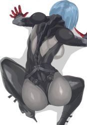 Rule 34 | 1girl, all fours, ass, blue hair, bodysuit, boots, breasts, from above, from behind, gloves, high heel boots, high heels, honkai (series), honkai impact 3rd, huge ass, large breasts, leotard, raven (honkai impact), shiny clothes, short hair, solo, task baron