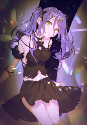 Rule 34 | 1girl, backless outfit, black camisole, black ribbon, black skirt, camisole, collarbone, dancer, fifuth, hair ribbon, head tilt, headpiece, highres, light particles, long hair, midriff, original, parted lips, purple hair, ribbon, skirt, solo, thighs, twintails