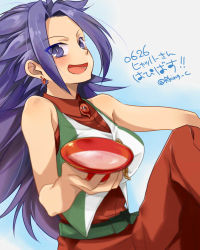 Rule 34 | 10s, 1girl, :d, bare arms, blush, cup, earrings, jewelry, jun&#039;you (kancolle), kantai collection, magatama, open mouth, purple eyes, purple hair, r-king, sakazuki, smile, solo, translation request, twitter username