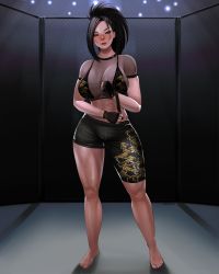 Rule 34 | 1girl, abs, absurdres, asymmetrical shorts, barefoot, bikini, black bikini, black eyes, black gloves, black hair, black shorts, boku no hero academia, breasts, chain-link fence, commission, contrapposto, crop top, fence, fingerless gloves, fishnet top, fishnets, full body, gloves, mma gloves, hair pulled back, highres, large breasts, lips, long hair, looking at viewer, midriff, mixed martial arts, mma gloves, muscular, muscular female, nose, nyiccco, octagon, ponytail, print bikini, shorts, solo, stage lights, standing, swimsuit, thick thighs, thighs, toes, tree print, yaoyorozu momo