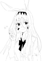 Rule 34 | 1girl, animal ears, blush, closed mouth, commentary, earrings, english commentary, facial mark, fate/grand order, fate (series), greyscale, hand up, headband, highres, hoop earrings, jackal ears, jewelry, long hair, looking at viewer, mochii, monochrome, nitocris (fate), school uniform, short sleeves, signature, simple background, smile, solo, sparkle, v, white background, wing collar