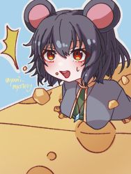 Rule 34 | 1girl, animal ears, blue background, blush, capelet, cheese, commentary request, food, green vest, grey capelet, grey hair, hair between eyes, highres, looking up, mouse ears, mouse girl, nazrin, one-hour drawing challenge, open mouth, outline, red eyes, short hair, simple background, smile, solo, swiss cheese, touhou, upper body, vest, white outline, yami mystery
