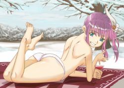 Rule 34 | 1girl, ass, barefoot, blue eyes, cup, drinking glass, feet, grin, highres, long hair, looking at viewer, panties, pink hair, side ponytail, smile, snow, toes, topless, underwear, wine glass