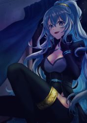 .live 1girl blue_eyes blue_hair breasts cleavage collarbone crazy_eyes curtains dark empty_eyes gloves hair_between_eyes highres jacket long_hair night open_mouth rikumu solo v_su_tofu v_su_tofu virtual_youtuber window