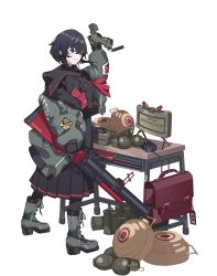 Rule 34 | 1girl, absurdres, armband, bag, black gloves, black hair, black legwear, black shirt, black skirt, book, boots, c4, claymore (mine), cross-laced footwear, desk, detonator, explosive, full body, gloves, green jacket, grenade, grenade launcher, highres, holding, holding weapon, jacket, lace-up boots, long sleeves, looking at viewer, looking to the side, medium hair, mine (weapon), neckerchief, off shoulder, open mouth, original, purple eyes, red neckerchief, sailor collar, school bag, school desk, shirt, simple background, skirt, smile, solo, standing, teeth, toombo12, weapon, white background