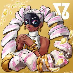 Rule 34 | 1girl, 2017, arms (game), bare arms, bare shoulders, blue eyes, bracelet, closed mouth, collarbone, colored eyelashes, dark-skinned female, dark skin, dated, domino mask, drill hair, earrings, eyelashes, facing away, fingernails, gradient background, highres, jewelry, lips, lipstick, long hair, looking away, looking to the side, mag (cocoa), makeup, mask, multicolored hair, nail polish, own hands clasped, own hands together, petals, pink hair, pink lips, prehensile hair, red hair, red nails, shirt, signature, sleeveless, sleeveless shirt, smile, solo, sparkle, streaked hair, turtleneck, twintails, twintelle (arms), upper body, very long hair, white hair, white shirt, yellow background