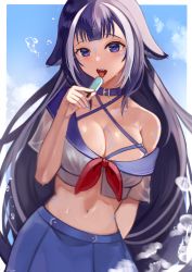Rule 34 | 1girl, absurdres, bare shoulders, bikini, bikini under clothes, blue skirt, blush, breasts, cleavage, collar, criss-cross halter, facial tattoo, fangs, food, halterneck, highres, indie virtual youtuber, large breasts, looking at viewer, multicolored hair, nannachu7, open mouth, orca girl, popsicle, purple eyes, purple hair, see-through, shylily, shylily (1st costume), skirt, stomach, swimsuit, tattoo, tongue, tongue out, virtual youtuber