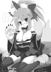 Rule 34 | 1girl, animal ears, animal hands, bare shoulders, bell, black thighhighs, blush, breasts, collar, detached sleeves, dog paws, fang, fate/grand order, fate (series), female focus, fox ears, fox tail, greyscale, hair ribbon, japanese clothes, kurikara, large breasts, looking at viewer, monochrome, neck bell, nipples, nose blush, obi, ponytail, ribbon, sash, sitting, solo, tail, tamamo (fate), tamamo cat (fate), tamamo cat (first ascension) (fate), tamamo no mae (fate/extra), tareme, thighhighs, wariza