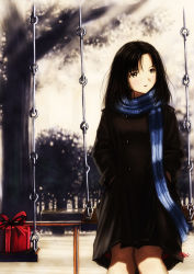 Rule 34 | 1girl, black hair, blue scarf, box, brown eyes, dot nose, female focus, gift, gift box, hacker, highres, kobayashi yuji, long sleeves, looking to the side, medium hair, open mouth, original, parted bangs, playground, pleated skirt, scarf, sitting, skirt, sky, solo, straight hair, striped clothes, striped scarf, swing, tagme, tree