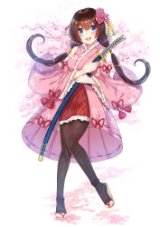 Rule 34 | 1girl, :d, absurdres, bare shoulders, black pantyhose, blue eyes, blush, brown hair, commentary request, detached sleeves, floral print, frilled sleeves, frills, hair between eyes, hair ornament, highres, holding, holding sheath, japanese clothes, katana, kimono, long hair, long sleeves, low twintails, open mouth, original, pantyhose, pink kimono, pleated skirt, print kimono, red skirt, scabbard, sheath, sheathed, simple background, skirt, sleeveless, sleeveless kimono, sll, smile, solo, sword, teeth, twintails, upper teeth only, very long hair, weapon, white background, wide sleeves