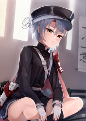 Rule 34 | 1girl, absurdres, armor, azur lane, belt, black hat, black shirt, black shorts, black socks, blush, buttons, closed mouth, commentary request, embarrassed, fingerless gloves, flat chest, gloves, grey hair, hat, high collar, highres, horns, indian style, kinu (azur lane), kyuuri no tsukemono, long sleeves, low ponytail, military, military hat, military uniform, nail polish, oni horns, peaked cap, red nails, shirt, short hair, short shorts, shorts, shoulder armor, sidelocks, sitting, socks, solo, sweatdrop, uniform, white gloves, yellow eyes