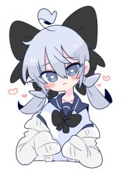 Rule 34 | 1boy, :3, ahoge, blush, bow, bright pupils, eyes visible through hair, grey eyes, hair between eyes, hair bow, heart, heart-shaped pupils, highres, large bow, long sleeves, low twintails, male focus, medium hair, op na yarou, original, othello-senpai (op na yarou), school uniform, serafuku, short twintails, silver hair, solo, sweater, symbol-only commentary, symbol-shaped pupils, trap, twintails, upper body, white background, white pupils