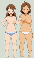 Rule 34 | 2girls, ahoge, blush, breast envy, breast lift, breasts, brown hair, closed eyes, highres, large breasts, long hair, multiple girls, navel, nipples, open mouth, simple background, smile, standing, sweatdrop, thick thighs, thighs, topless