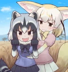 Rule 34 | 10s, 2girls, :3, :d, aki inu, animal ears, arms up, black hair, blonde hair, blue sky, blush, bow, bowtie, brown eyes, cloud, commentary request, common raccoon (kemono friends), day, fang, fennec (kemono friends), fox ears, fox tail, fur collar, gradient hair, grass, kemono friends, looking at viewer, multicolored hair, multiple girls, open mouth, outdoors, paw pose, pleated skirt, puffy short sleeves, puffy sleeves, raccoon ears, raccoon tail, savannah, short hair, short sleeves, skirt, sky, smile, tail, torso grab, two-tone hair, wavy mouth