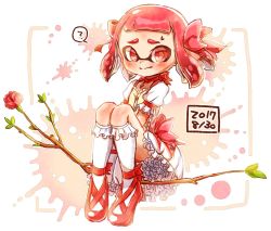 Rule 34 | 1girl, ?, bad id, bad twitter id, blunt bangs, blush, bobby socks, bow, bubble skirt, choker, closed mouth, commentary request, cosplay, dated, dress, flower, frilled sleeves, frills, hair bow, harutarou (orion 3boshi), inkling, inkling girl, inkling player character, kaname madoka, kaname madoka (cosplay), looking at viewer, magical girl, mahou shoujo madoka magica, mahou shoujo madoka magica (anime), mask, medium hair, nintendo, paint splatter, petticoat, pink bow, pink choker, pink dress, pink footwear, pink hair, pointy ears, puffy short sleeves, puffy sleeves, short dress, short sleeves, sitting, skirt, smile, socks, solo, spoken question mark, staff, sweatdrop, tentacle hair, white socks