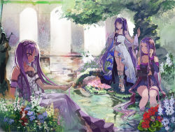 Rule 34 | 3girls, black dress, blue flower, dress, euryale (fate), fate/grand order, fate/hollow ataraxia, fate (series), flower, grass, hairband, kanimiso (user cnb0218), leaf, lolita hairband, long hair, medusa (fate), medusa (rider) (fate), multiple girls, partially submerged, plant, pond, purple eyes, purple hair, red flower, sandals, siblings, sisters, sitting, smile, standing, stheno (fate), strapless, strapless dress, tree, twins, twintails, very long hair, white dress, white flower