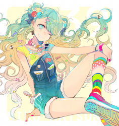 Rule 34 | 1girl, aqua eyes, aqua hair, bow, bracelet, cookie, earrings, food, food-themed hair ornament, gradient hair, grin, hair bow, hair ornament, hairclip, harajuku fashion, hatsune miku, jewelry, kneehighs, long hair, multicolored hair, nail polish, nozaki tsubata, one eye closed, overall shorts, overalls, pin, shoes, sitting, smile, sneakers, socks, solo, suspenders, twintails, very long hair, vocaloid