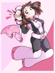 Rule 34 | 1girl, absurdres, arm behind head, belt, blush, blush stickers, bodysuit, boku no hero academia, boots, breasts, brown eyes, brown hair, closed mouth, commentary request, full body, helmet, high heel boots, high heels, highres, jipponwazaari, large breasts, looking at viewer, nail polish, open mouth, pink background, pink nails, red background, short hair, simple background, solo, uraraka ochako, visor cap, white background, white belt