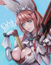 Rule 34 | 1girl, absurdres, ahoge, animal ears, blue background, breasts, bridal veil, character name, cleavage, closed mouth, clover, copyright name, dated, dress, earrings, elphelt valentine, fake animal ears, four-leaf clover, gloves, green eyes, guilty gear, guilty gear xrd, gun, hair between eyes, handgun, highres, huge filesize, jewelry, large breasts, lips, looking at viewer, medium hair, murasaki-sin, object on breast, paper, pink hair, pistol, rabbit ears, simple background, solo, spikes, twitter username, upper body, veil, weapon, wedding dress, white gloves