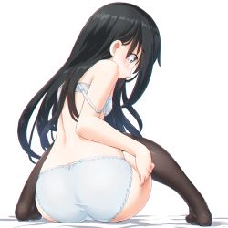 Rule 34 | 1girl, asashio (kancolle), ass, back, black hair, black thighhighs, blue eyes, blush, bra, breasts, chromatic aberration, commentary request, dd (ijigendd), eyebrows, from behind, full body, hair between eyes, kantai collection, long hair, looking away, panties, simple background, single bare shoulder, sitting, small breasts, solo, straight hair, strap slip, thighhighs, underwear, underwear only, white background, white bra, white panties