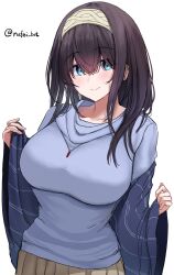 Rule 34 | 1girl, artist name, black hair, blue eyes, blue hoodie, blue shawl, blush, breasts, brown skirt, closed mouth, collarbone, commentary, cowboy shot, dot nose, double-parted bangs, hair between eyes, hair over shoulder, hairband, highres, hood, hood down, hoodie, idolmaster, idolmaster cinderella girls, idolmaster cinderella girls starlight stage, jewelry, large breasts, light smile, long hair, long sleeves, looking at viewer, necklace, pleated skirt, revision, rufei bot, sagisawa fumika, shawl, sidelocks, simple background, skirt, solo, straight hair, symbol-only commentary, twitter username, white background, white hairband