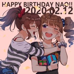 Rule 34 | 2girls, black shirt, blue scrunchie, bow, bracelet, character name, closed eyes, commentary, confetti, dated, drill hair, english commentary, english text, gift, hair bow, hair ornament, hair scrunchie, happy birthday, holding, holding gift, hug, idolmaster, idolmaster million live!, jewelry, kamille (vcx68), long sleeves, looking at another, medium hair, mixed-language commentary, multiple girls, off-shoulder shirt, off shoulder, one eye closed, open mouth, ponytail, print scrunchie, print shirt, purple eyes, red bow, satake minako, scrunchie, shirt, side drill, side ponytail, sidelocks, smile, star (symbol), star print, striped clothes, striped shirt, t-shirt, tearing up, tears, text background, wiping tears, yokoyama nao