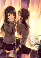 Rule 34 | 2girls, bag, black skirt, briefcase, brown eyes, brown hair, cardigan, classroom, covering own mouth, curtains, flower, from side, half updo, highres, indoors, kyuri, lily (flower), looking at another, multiple girls, original, school, school bag, school briefcase, school uniform, serafuku, skirt, sunset, table, watermark, web address, whispering, window, yuri