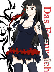 Rule 34 | 1girl, artist request, bare shoulders, black hair, blue dress, blue thighhighs, brown eyes, dress, elbow gloves, female focus, fingerless gloves, fingernails, frills, garter straps, german text, gloves, gothic lolita, j-rock, lolita fashion, long fingernails, long hair, looking at viewer, multicolored hair, simple background, solo, standing, straight hair, tattoo, text focus, thighhighs, translated, two-tone hair, white background, yousei teikoku, yui (yousei teikoku), zettai ryouiki