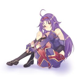 Rule 34 | 1girl, ahoge, armor, bare shoulders, blush, boots, breastplate, breasts, detached sleeves, fingerless gloves, fingers together, from side, full body, gloves, hairband, highres, hozumi rino, long hair, looking at viewer, parted bangs, pointy ears, purple hair, red eyes, red hairband, side slit, sitting, small breasts, solo, sword art online, very long hair, white background, yuuki (sao)