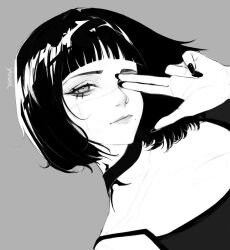 Rule 34 | 1girl, black hair, black nails, choker, close-up, greyscale, highres, looking at viewer, md5 mismatch, monochrome, original, portrait, self-upload, short hair, simple background, sketch, tattoo, vicscera