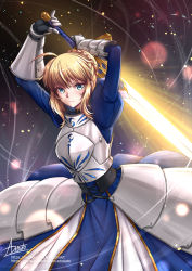 Rule 34 | 1girl, adsouto, ahoge, armor, armored dress, arms up, artist name, artoria pendragon (all), artoria pendragon (fate), blonde hair, blue eyes, blush, braid, braided bun, breastplate, closed mouth, excalibur (fate/stay night), fate/stay night, fate (series), faulds, gauntlets, hair bun, highres, holding, holding sword, holding weapon, looking at viewer, saber (fate), short hair with long locks, sidelocks, solo, standing, sword, watermark, weapon, web address