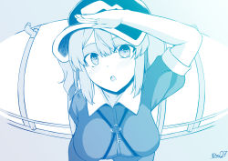 Rule 34 | 1girl, balcony, blue theme, blush, breasts, collared shirt, commentary request, fisheye, flat cap, hair bobbles, hair ornament, hat, highres, kagiyama shachou, kawashiro nitori, large breasts, leaning forward, looking at viewer, medium hair, monochrome, open mouth, shirt, sidelocks, simple background, solo, touhou, two side up, upper body