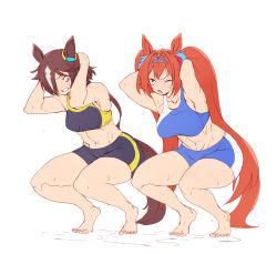 Rule 34 | 2girls, animal ears, arms behind head, arms up, bare arms, bare legs, barefoot, bike shorts, brown eyes, brown hair, clenched teeth, collarbone, daiwa scarlet (umamusume), feet, full body, grimace, hair ornament, hair over one eye, hanzo (2929), horse girl, long hair, looking to the side, looking up, multiple girls, one eye closed, open mouth, orange hair, puddle, red eyes, simple background, sports bra, sportswear, squatting, stomach, sweat, sweatdrop, teeth, thighs, tiara, toned, umamusume, very long hair, vodka (umamusume), white background
