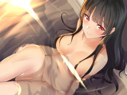 Rule 34 | 1girl, bad id, bad pixiv id, bath, black hair, blush, breasts, closed mouth, collarbone, convenient censoring, from above, groin, hair censor, isokaze (kancolle), kantai collection, leg up, light rays, light smile, long hair, looking at viewer, medium breasts, navel, nude, onsen, pallad, partially submerged, red eyes, ripples, sidelocks, sitting, smile, solo, stomach