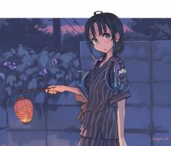 Rule 34 | 1girl, :o, alternate costume, blue hair, blush, bush, commentary, evening, flower, gradient hair, hair ribbon, highres, holding, holding lantern, japanese clothes, jinbei (clothes), kantai collection, lantern, long hair, looking at viewer, low twintails, multicolored hair, outdoors, parted lips, power lines, ribbon, sky, solo, sugue tettou, suzukaze (kancolle), twintails, twitter username, utility pole