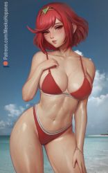 Rule 34 | 1girl, beach, bikini, bracelet, breasts, cleavage, cloud, collarbone, hand on own chest, hand on own thigh, head tilt, jewelry, large breasts, leaning, leaning forward, looking at viewer, meekohopanes, navel, ocean, parted lips, patreon username, pyra (xenoblade), red bikini, red eyes, red hair, short hair, sky, smile, solo, stomach, swept bangs, swimsuit, thighs, tiara, wet, xenoblade chronicles (series), xenoblade chronicles 2
