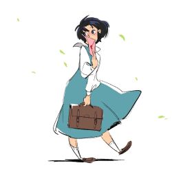 Rule 34 | 1girl, annielidraws, bad id, bad tumblr id, bag, black eyes, black hair, blouse, blue dress, blush, bob cut, briefcase, brown bag, brown footwear, covering own mouth, dress, envelope, falling leaves, floating hair, foot up, full body, fuurinkan high school uniform, heart, highres, holding, holding bag, holding letter, leaf, letter, loafers, long sleeves, looking back, looking to the side, love letter, nose blush, pinafore dress, puffy sleeves, ranma 1/2, sailor collar, school briefcase, school uniform, shadow, shirt, shoes, short hair, simple background, sleeveless, sleeveless dress, socks, solo, tendou akane, wax seal, white background, white sailor collar, white shirt, white socks, wind